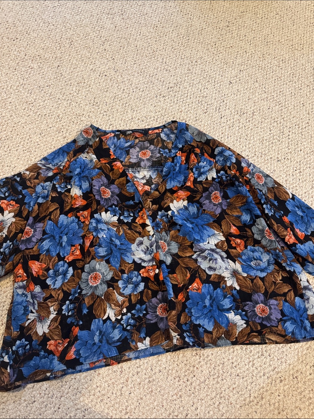 Zara Blue and Brown Floral V-Neck Blouse